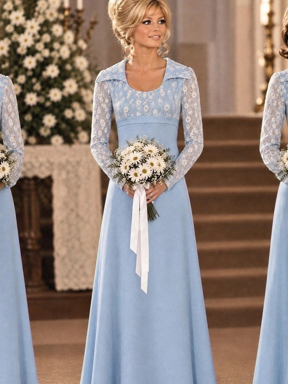 1970’s bridesmaid baby blue Long Sleeve Maxi Dress Brady Bunch Halloween vibes!